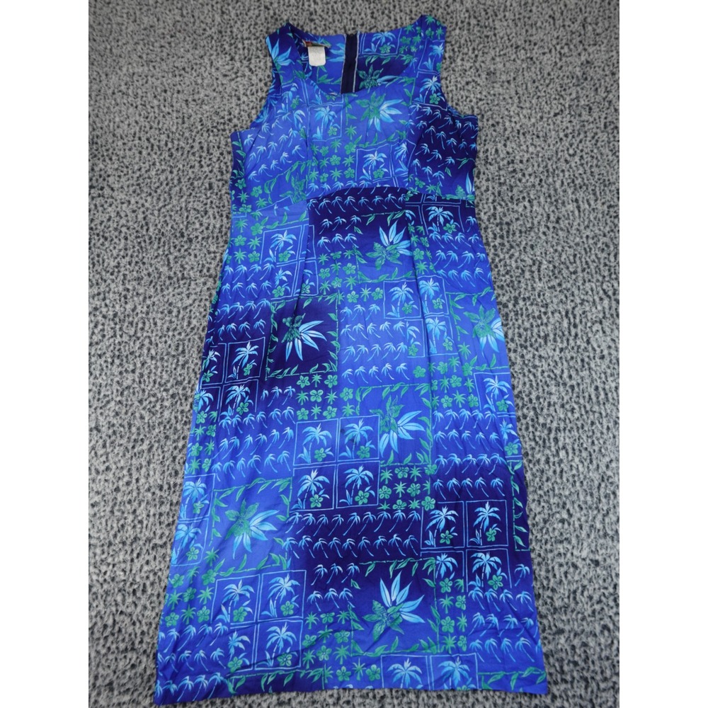 Hilo Hattie Hawaiian Original Dress Womens 16 Blue Tropical Palm Rayon Midi 442